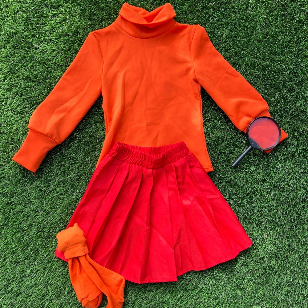 Velma Halloween costume for girl size Small -Orange Turtleneck and Red Skirt Set